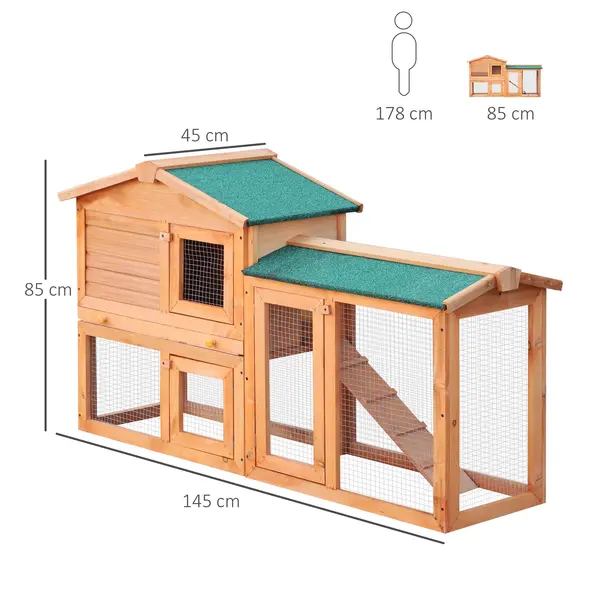 PawHut Rabbit 2 Tier Fir Wood Small Animal Hutch Guinea Pigs Hutches w/ Ramp Brown - 3
