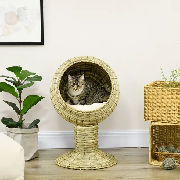PawHut Raised Detachable Cat house, Natural Mat Grass Cat Bed, with Cushion - 7