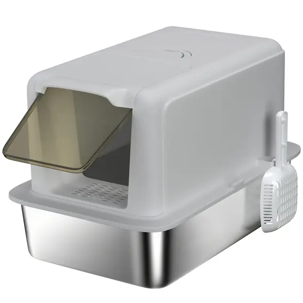 PawHut Stainless Steel Cat Litter Box with Removable Lid, Scoop, Filter Bags, for Larger Cats, Grey - 1