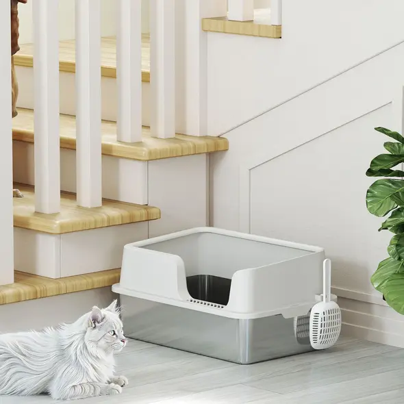 PawHut Stainless Steel Litter Box with Detachable Rim, Scoop, Easy Cleaning, Odour-Resistant, 60 x 40 x 28 cm - 8