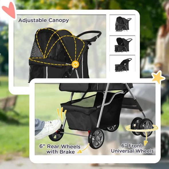 PawHut Pet Stroller for Small Miniature Dogs Cats Foldable Travel Carriage with Wheels Zipper Entry Cup Holder Storage Basket Black - 6