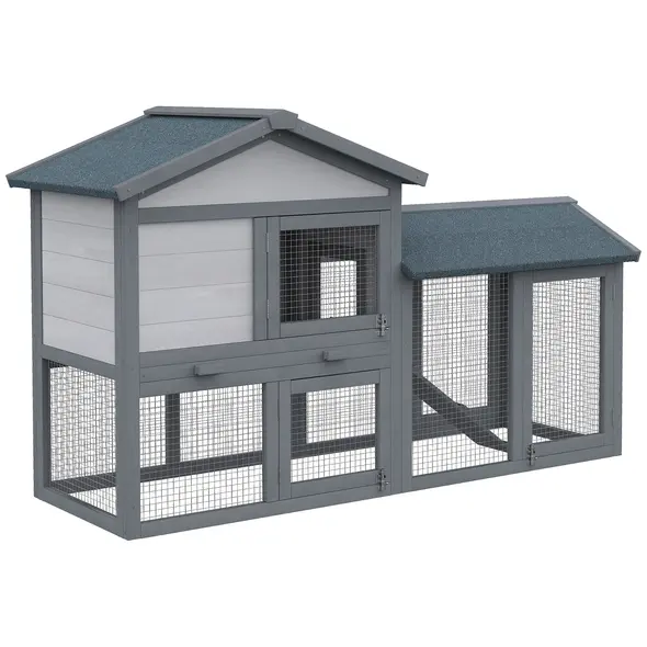 PawHut Wooden Rabbit Hutch Double Tier 147cm Outdoor with Water-Resistant Roof Ramp, Grey - 1