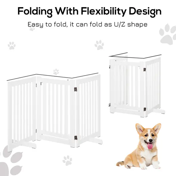 PawHutPet Gates MDF Freestanding Expandable Dog Gate Wood Doorway Pet Barrier Fence w/ Latched Door White - 4
