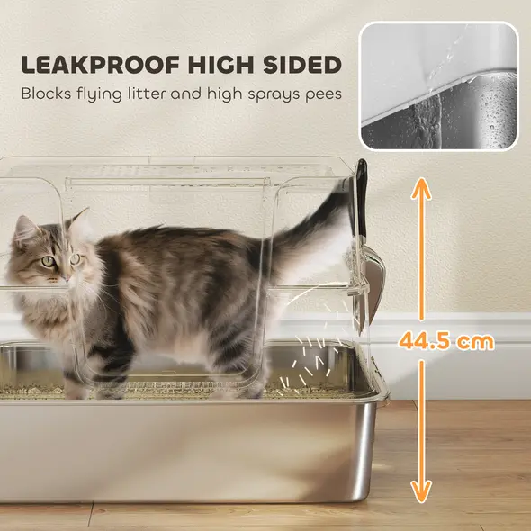 PawHut XL Stainless Steel Litter Box w/ 100° Flip Top, Scoop, Side Top Dual Entry, Odor Free, Easy Cleaning, Anti Leakage - 8