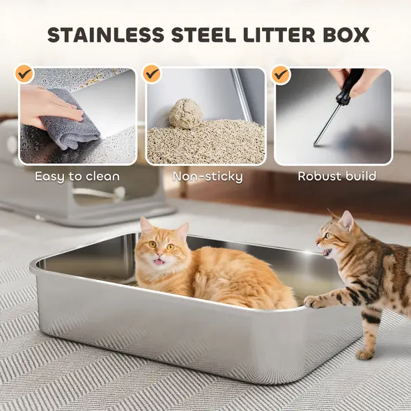 PawHut XXL Stainless Steel Cat Litter Tray, Enclosed Cat Litter Box with 90° Flip Cover, Double Doors, Scoop, Easy Clean, Grey - 4