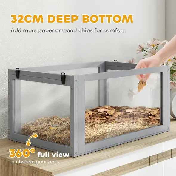 PawHut Wooden Hamster Cage with Detachable 32cm Deep Bottom, Hut, Seesaw, Exercise Wheel, Ramp, 60 x 40 x 75cm, Light Grey - 5