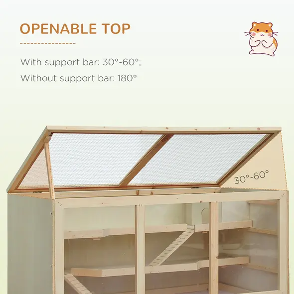 PawHut Wooden Hamster Cage, Small Animals Hutch with Tray, Openable Top, Exercise Play House Pen, 115L x 57W x 55Hcm, Natural - 5