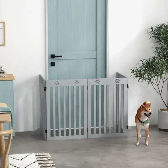PawHut Wooden Pet Gate Foldable Freestanding Dog Safety Barrier w/ Support Feet, Grey - 2