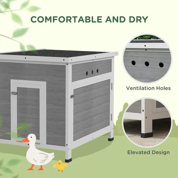 PawHut Wooden Duck House with Ramp, Double Doors, Openable Asphalt Roof, Ventilation Holes, Removable Base, Light Grey - 5