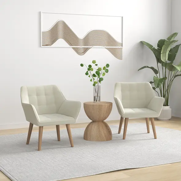 Set of 2 Accent Chair, Arm Chair with Slanted Back, Thick Padding and Rubber Wooden Legs for Living Room, Cream White - 2