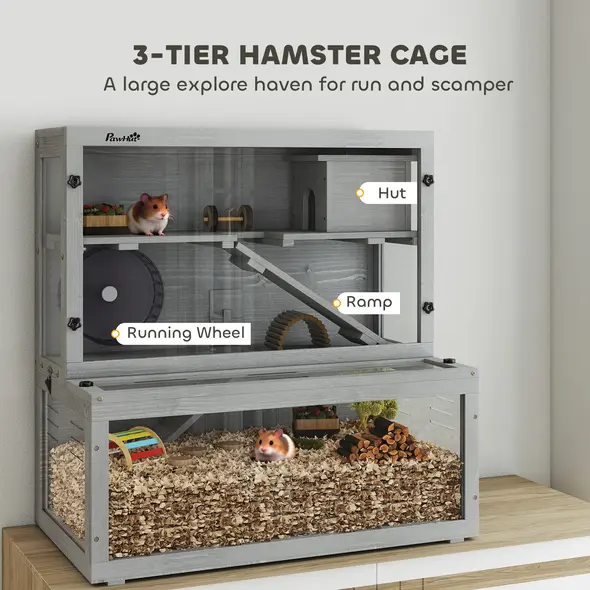 PawHut Wooden Hamster Cage with Hut, Wheel, Ramps, Removable Viewing Panels, 80 x 50 x 84 cm, Grey - 4