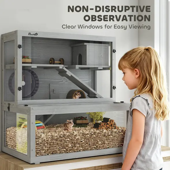 PawHut Wooden Hamster Cage with Hut, Wheel, Ramps, Removable Viewing Panels, 80 x 50 x 84 cm, Grey - 6