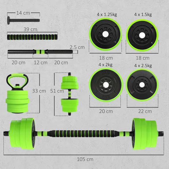 SPORTNOW 30kg 6-In-One Adjustable Weight Dumbbells Set, Barbell, Kettlebell, Push Up Stand - Green - 3