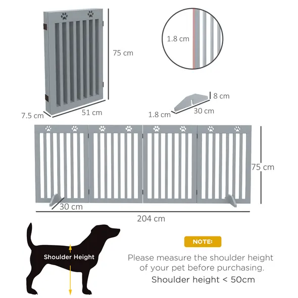 PawHut Wooden Pet Gate Foldable Freestanding Dog Safety Barrier w/ Support Feet, Grey - 3