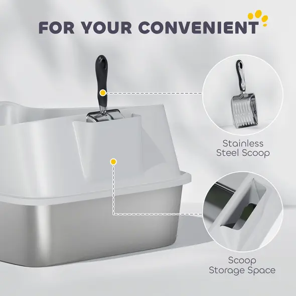 PawHut XL Stainless Steel Cat Litter Box with High Sides, Metal Scoop, 60 x 40 x 30 cm - 8