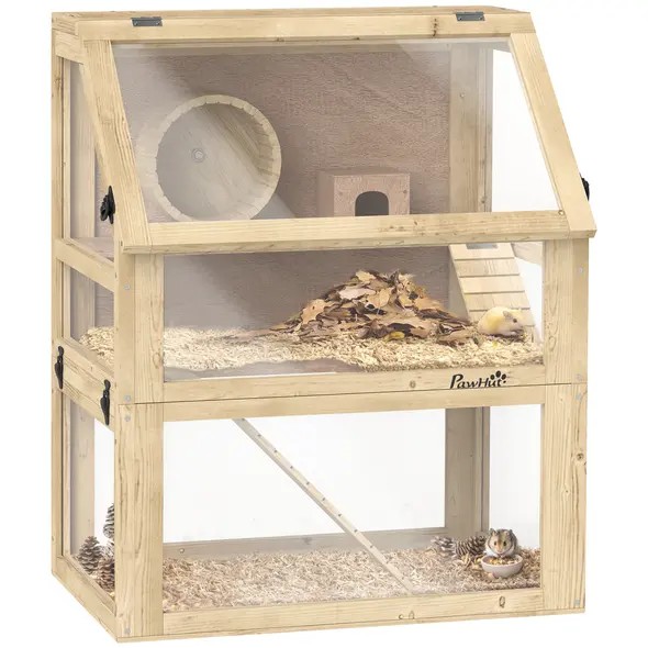 PawHut Wooden Hamster Cage with Detachable 32cm Deep Bottom, Hut, Seesaw, Exercise Wheel, Ramp, 60 x 40 x 75cm, Natural - 1