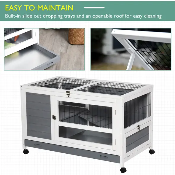 PawHut Wooden Guinea Pigs Hutches Elevated Pet Bunny House Rabbit Cage with Slide-Out Tray Indoor Grey - 9