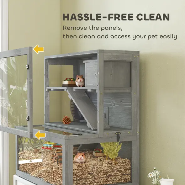PawHut Wooden Hamster Cage with Hut, Wheel, Ramps, Removable Viewing Panels, 80 x 50 x 84 cm, Grey - 7