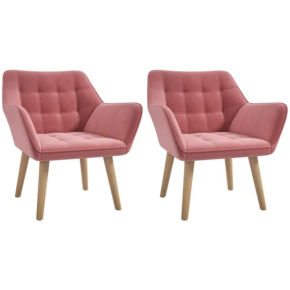 Set of 2 Accent Chair, Arm Chair with Slanted Back, Thick Padding and Rubber Wooden Legs for Living Room, Pink - 1