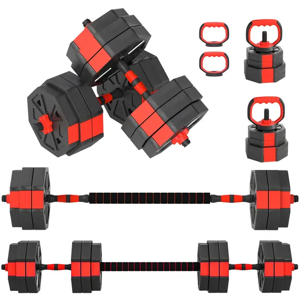 SPORTNOW 6-in-1 Adjustable Weight Dumbbells Set, Used as Kettlebell, Barbell, Dumbbell, Push-Up Stand, 30kg Free Weights Set for Men and Women Home Gym Training, Red - 1