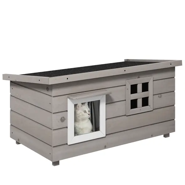 PawHut Wooden Outdoor Cat House, Elevated Cat Shelter Kennel, Pet Play House with Openable Top, Asphalt Roof, Window, Grey - 1