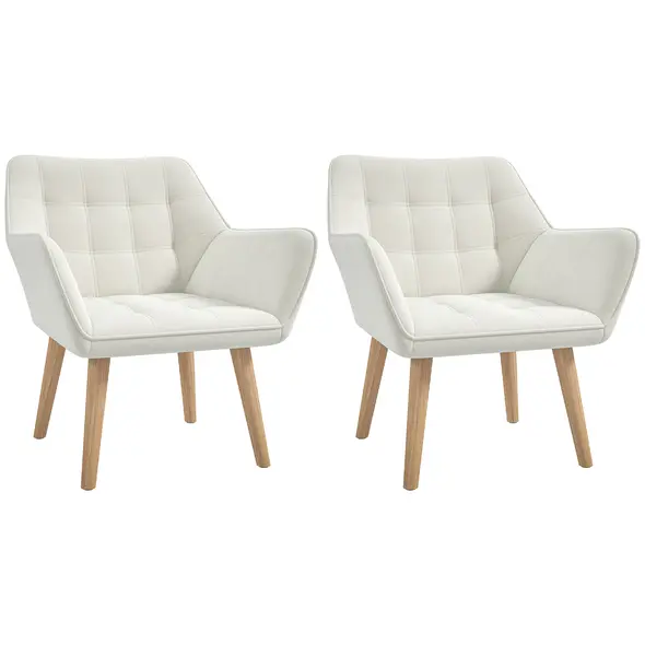 Set of 2 Accent Chair, Arm Chair with Slanted Back, Thick Padding and Rubber Wooden Legs for Living Room, Cream White - 1