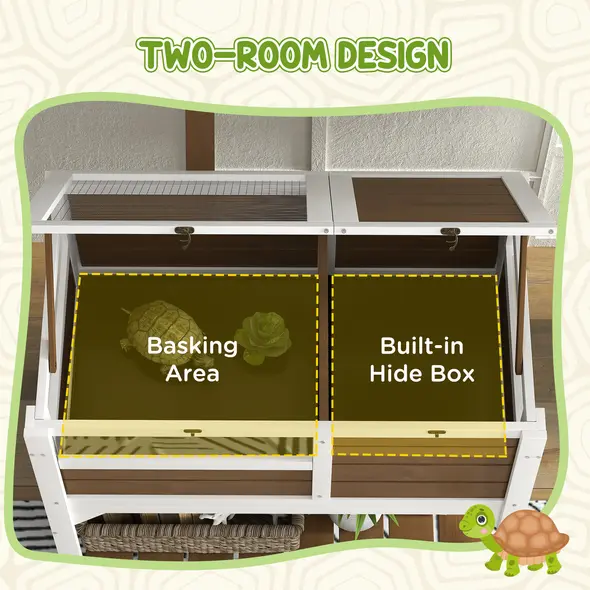 PawHut Wooden Tortoise House, with Shelter, Run, Shelf, Lamp Holder, Tray - Brown - 4