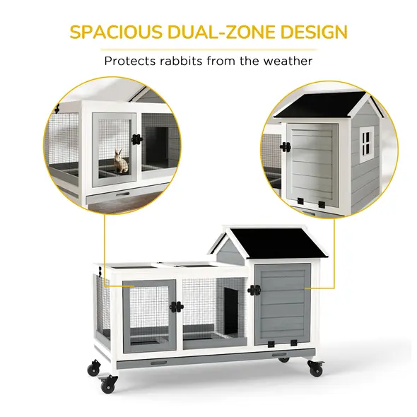 PawHut Wooden Rabbit Hutch, Guinea Pig Cage, with Removable Tray, Wheels - Grey - 8