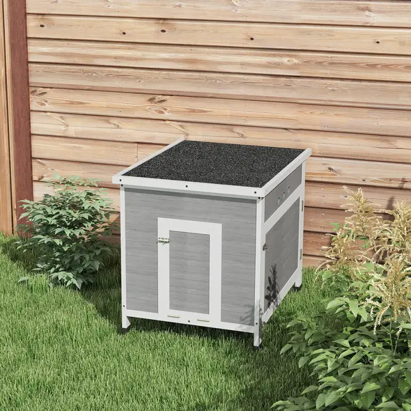 PawHut Wooden Duck House with Ramp, Double Doors, Openable Asphalt Roof, Ventilation Holes, Removable Base, Light Grey - 9