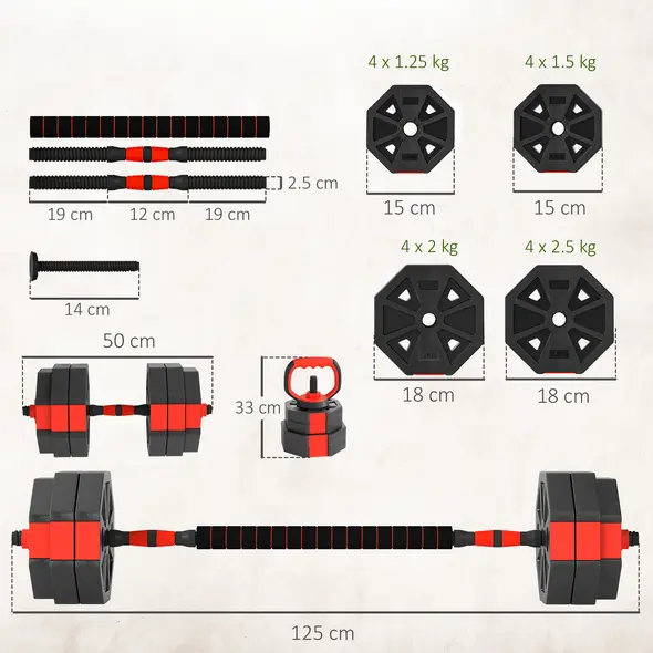 SPORTNOW 6-in-1 Adjustable Weight Dumbbells Set, Used as Kettlebell, Barbell, Dumbbell, Push-Up Stand, 30kg Free Weights Set for Men and Women Home Gym Training, Red - 3