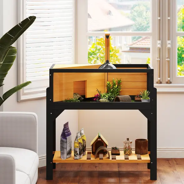PawHut Wooden Tortoise House with Storage Shelf, Clear Observation Windows, Lamp Holder, Openable Top, Built-in Tray, Yellow - 9