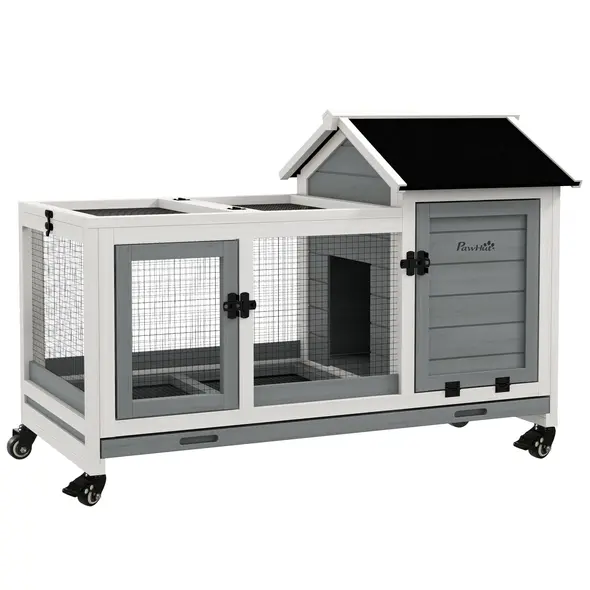 PawHut Wooden Rabbit Hutch, Guinea Pig Cage, with Removable Tray, Wheels - Grey - 1