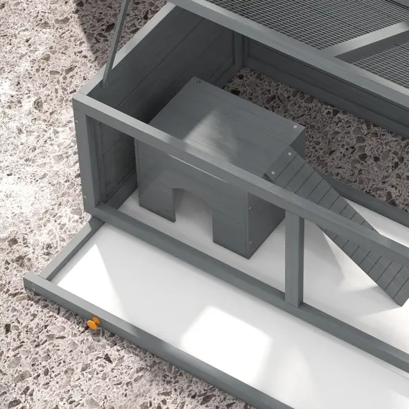 PawHut Wooden Hamster Cage with Sliding Tray, Openable Top, Hut for Syrian Hamster, Grey - 9