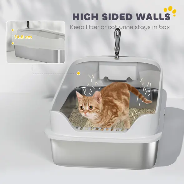 PawHut XL Stainless Steel Cat Litter Box with High Sides, Metal Scoop, 60 x 40 x 30 cm - 6