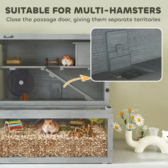 PawHut Wooden Hamster Cage with Hut, Wheel, Ramps, Removable Viewing Panels, 80 x 50 x 84 cm, Grey - 8
