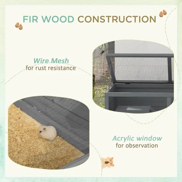PawHut Wooden Hamster Cage with Sliding Tray, Openable Top, Hut for Syrian Hamster, Grey - 7