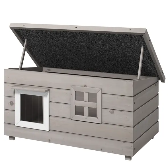 PawHut Wooden Outdoor Cat House, Elevated Cat Shelter Kennel, Pet Play House with Openable Top, Asphalt Roof, Window, Grey - 9