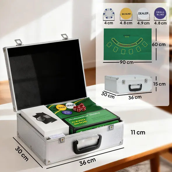 SPORTNOW 300-Piece Poker Chips Set with Card Shuffler, Card Shoe, Case, Casino Texas Holdem Poker Set with Mat, Silver Tone - 3