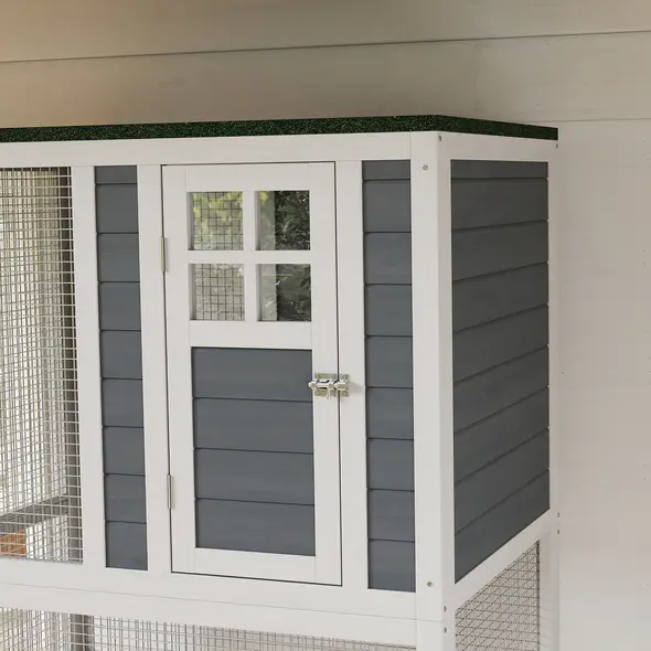 PawHut Wooden Catio Cat Outdoor Enclosure, Cat Cage with Waterproof Roof, Platforms, for Multiple Cats, White - 9