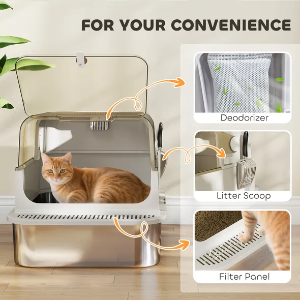 PawHut XXL Stainless Steel Cat Litter Tray, Enclosed Cat Litter Box with 90° Flip Cover, Double Doors, Scoop, Easy Clean, Grey - 7