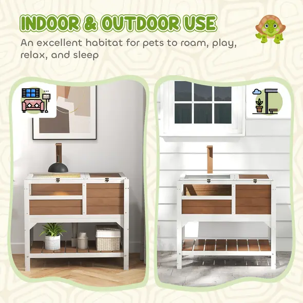 PawHut Wooden Tortoise House, with Shelter, Run, Shelf, Lamp Holder, Tray - Brown - 8