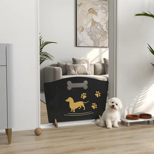 PawHut Wooden Dog Stopper, Dog Barrier with Support Feet, for Stair, Patio, Very Easy Setup, Black, 75 x 51 cm - 2
