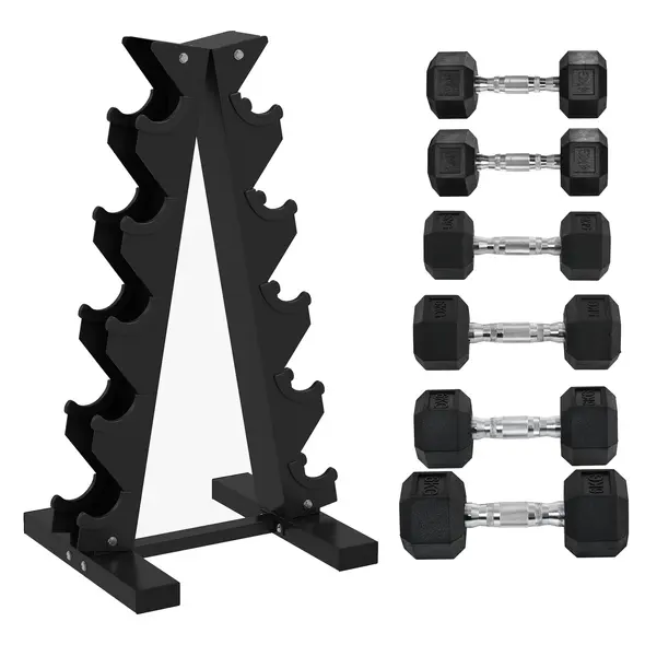 SPORTNOW 5-Tier Dumbbell Rack with 6 Hexagonal Rubber Dumbbells (2x4kg, 2x5kg, 2x6kg), Dumbbell Storage Stand Holder with Weights Sets for Home Gym Fitness, Black - 1