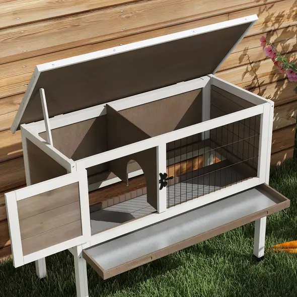 PawHut Wooden Guinea Pig Hutch, Small Animal Cage with Slide-out Tray, Openable Asphalt Roof, 84 x 43 x 70cm, Brown - 9