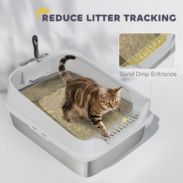 PawHut XL Stainless Steel Cat Litter Box with High Sides, Metal Scoop, 60 x 40 x 30 cm - 7