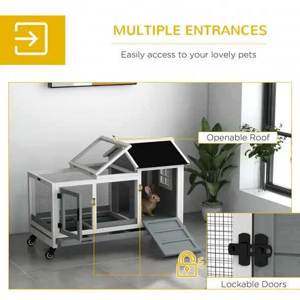 PawHut Wooden Rabbit Hutch, Guinea Pig Cage, with Removable Tray, Wheels - Grey - 5