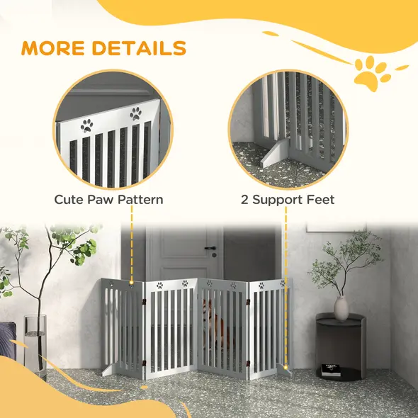 PawHut Wooden Pet Gate Foldable Freestanding Dog Safety Barrier w/ Support Feet, Grey - 5
