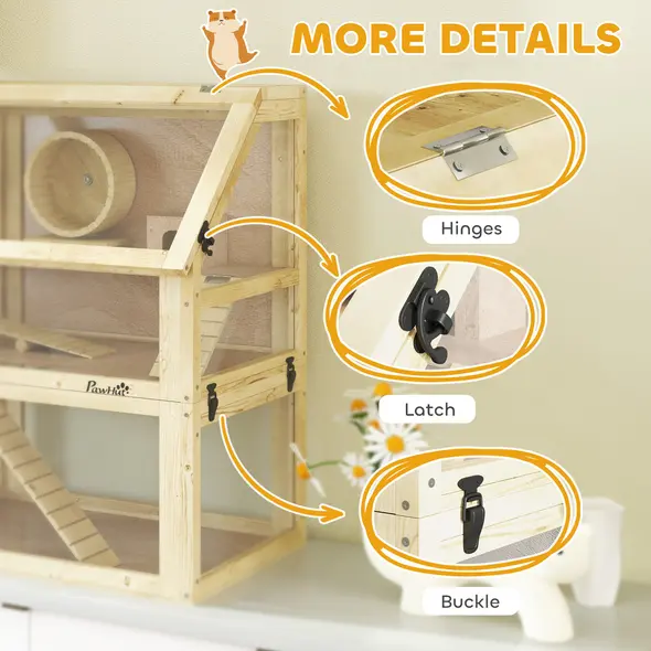 PawHut Wooden Hamster Cage with Detachable 32cm Deep Bottom, Hut, Seesaw, Exercise Wheel, Ramp, 60 x 40 x 75cm, Natural - 8