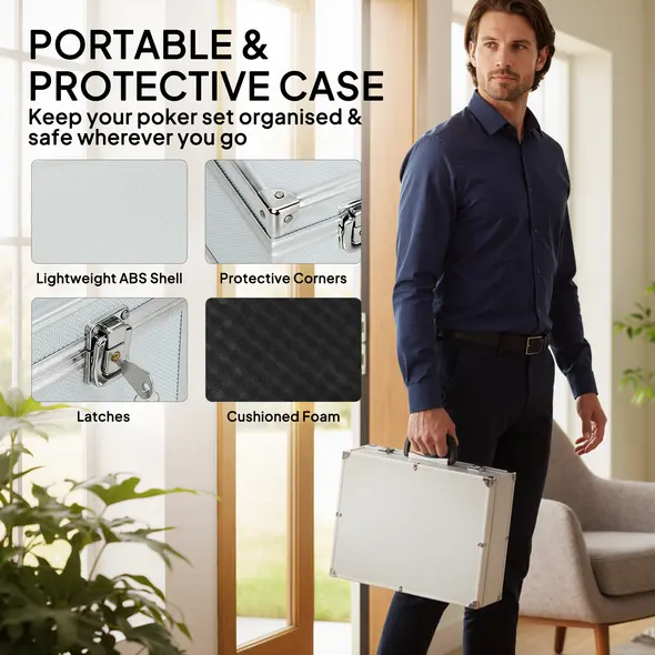 SPORTNOW 300-Piece Poker Chips Set with Card Shuffler, Card Shoe, Case, Casino Texas Holdem Poker Set with Mat, Silver Tone - 8