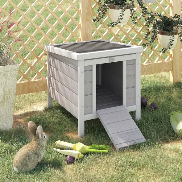 PawHut Wooden Rabbit Hutch Outdoor, Guinea Pig Hutch, Rabbit Hideaway, Cat House, Bunny Cage Small Animal House with Openable Roof, 51 x 42 x 43 cm, Grey - 2